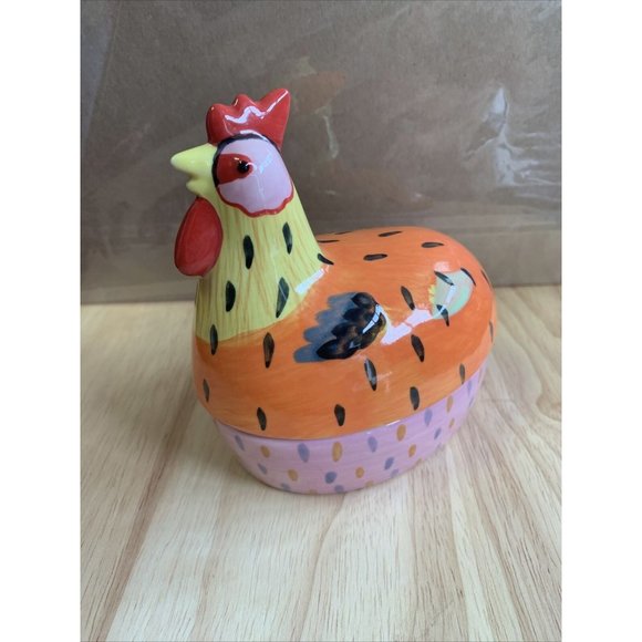 Pfaltzgraff Pistoulet Sitting Chicken Jane Kotlpen trinket box orange blue 5.5" - Picture 2 of 4